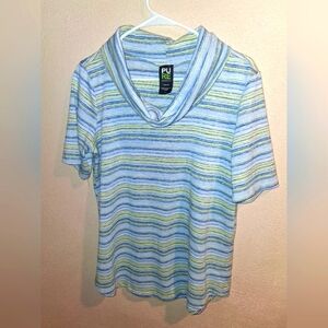 Pure Essence Blue Stripe Knit Short Sleeve Cowl Neck Pullover L